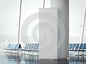 White rollup banner in airport terminal. 3d rendering photo