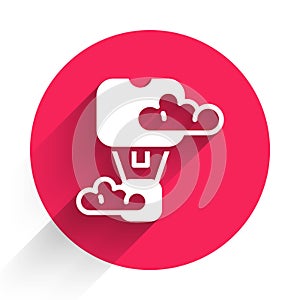 White Romantic hot air balloon icon isolated with long shadow. Air transport for travel. Red circle button. Vector