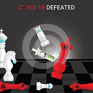 White rook wear mask checkmate by vaccine the red king Covid-19. Concept of victory over the Covid-19 pandemic. Coronavirus