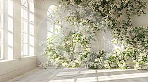 A white room adorned with a plethora of colorful flowers hanging on the walls, creating a tranquil and vibrant