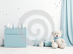 In a white room adorned with star patterns on the walls, there stands a petite light blue armchair designed for children