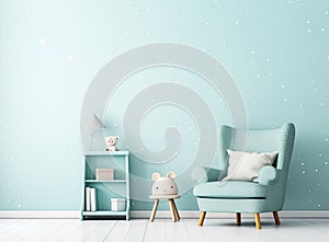 In a white room adorned with star patterns on the walls, there stands a petite light blue armchair designed for children