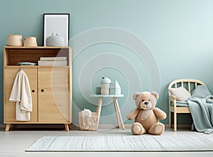 In a white room adorned with star patterns on the walls, there stands a petite light blue armchair designed for children