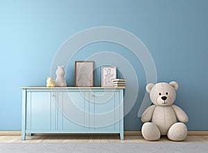 In a white room adorned with star patterns on the walls, there stands a petite light blue armchair designed for children