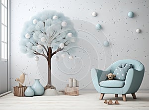 In a white room adorned with star patterns on the walls, there stands a petite light blue armchair designed for children