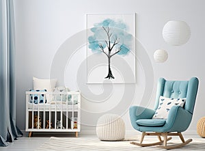 In a white room adorned with star patterns on the walls, there stands a petite light blue armchair designed for children