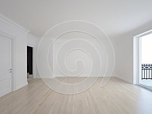 White room with balcony in new home - 3D image