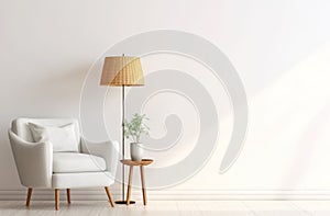 white room concept with floor lamp and wicker pouffe stock