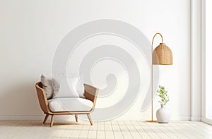 white room concept with floor lamp and wicker pouffe stock