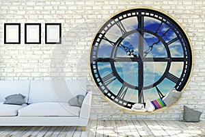 White room interior in minimalist decoration with round metal clockwork window
