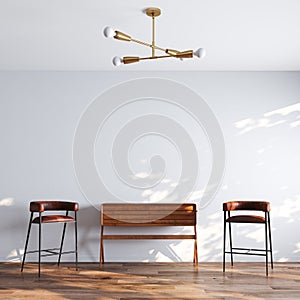 White room interior with vintage chair and mid century style commode