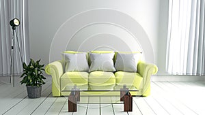 White room interior with Yellow sofa ,lamp and plants on empty white wall background. 3D rendering
