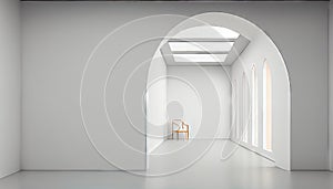 white room modern space interior 3d render many rooms are connected with arch shape door. Chair in the corner. Generative AI.