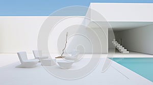 A white room with a pool and white furniture, AI