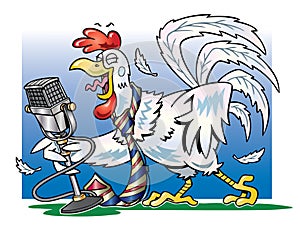 White rooster crowing into a microphone