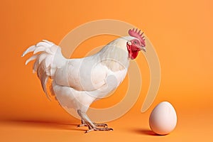 White Rooster and Egg on Light Orange Background, Generative AI