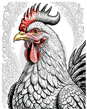 White rooster with red wattles in cartoon logo style