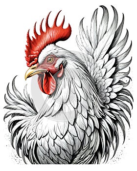 White rooster with red wattles in cartoon logo style