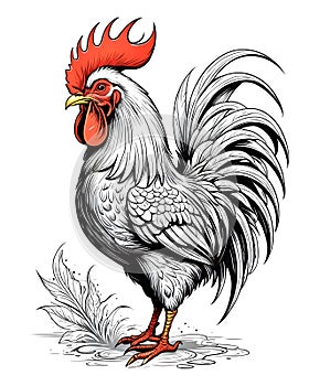 White rooster with red wattles in cartoon logo style