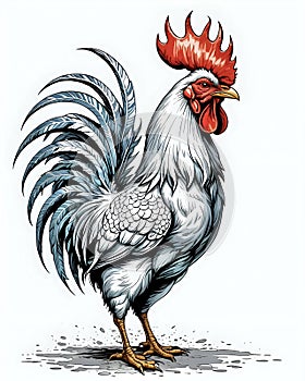 White rooster with red wattles in cartoon logo style