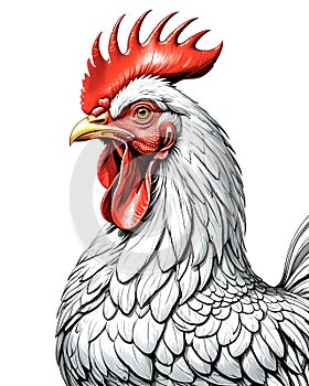 White rooster with red wattles in cartoon logo style