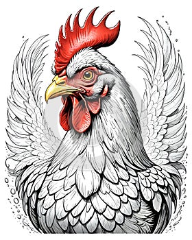 White rooster with red wattles in cartoon logo style photo