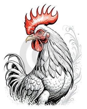 White rooster with red wattles in cartoon logo style photo