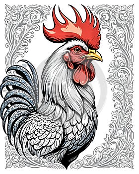 White rooster with red wattles in cartoon logo style photo