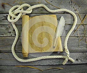 White rope frame with scroll and quill