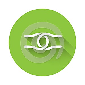 White Rope tied in a knot icon isolated with long shadow. Green circle button. Vector
