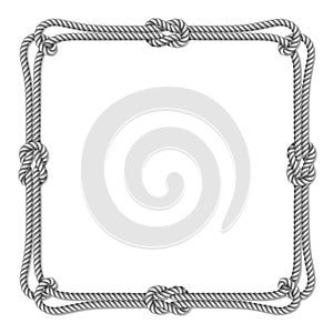 White rope woven vector border with rope knots, square vector frame,