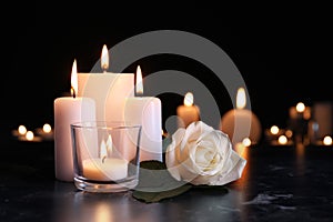 White rose and burning candles on table in darkness