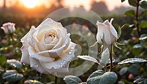 white rose flower, garden in drops of dew at sunrise