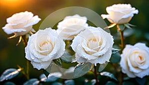 white rose flower, garden in drops of dew at sunrise