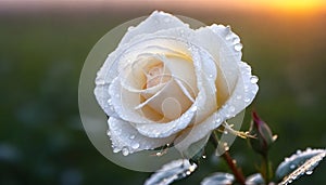 white rose flower, garden in drops of dew at sunrise