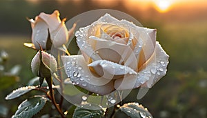 white rose flower, garden in drops of dew at sunrise