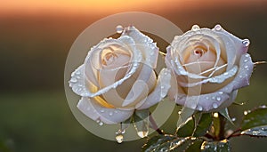 white rose flower, garden in drops of dew at sunrise