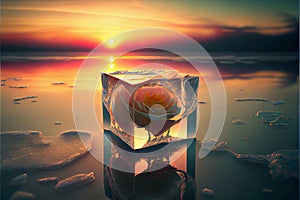 White rose flower trapped in ice block on frozen icy background valentine\'s love concept