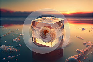 White rose flower trapped in ice block on frozen icy background valentine\'s love concept