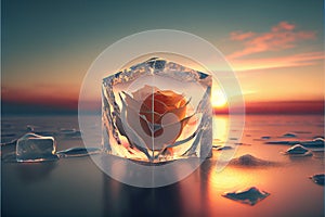 White rose flower trapped in ice block on frozen icy background valentine\'s love concept