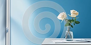 White rose flower and window with sun light copy space blurred background
