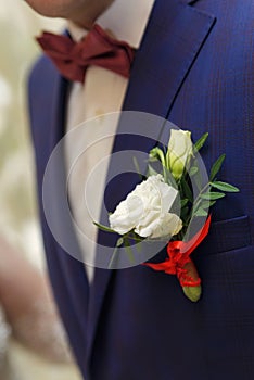 White rose on a groom coat