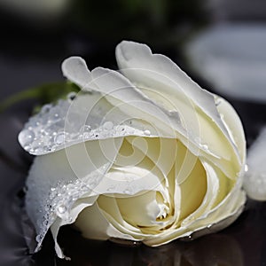 White rose and petals on the water. Aromatherapy and spa concept