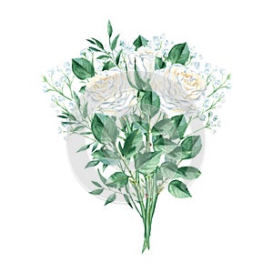 White rose watercolor bouquet isolated on white background. Creamy roses buttons, leaves, white gypsophila. Hand drawn