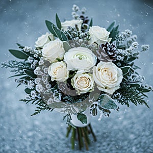 White Rose Winter Bouquet with Pine Cones and Snow