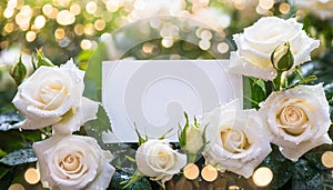 White roses background with copy space. Spring floral beautiful easter card. Fresh flowers.