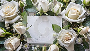 White roses background with copy space. Spring floral beautiful easter card. Fresh flowers.