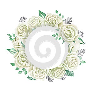 White roses bouquet. Watercolor illustration. Cute vintage style wreath, border, frame.