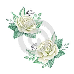 White roses bouquet. Watercolor illustration. Cute vintage style wreath, border, frame.