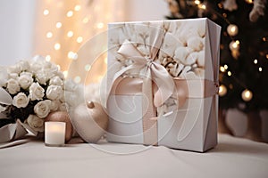 White roses candle and a gift with a bow in the background in bokech. Gifts as a day symbol of present and